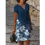 Blaue Kurzärmelige Blumenmuster Midi V-Ausschnitt Midikleider & knielange Kleider für Damen Größe 3 XL für den Frühling 