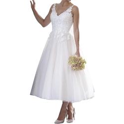 JAEDEN Damen Kurz Brautkleid Vintage Standesamt Hochzeitskleid A-Linie Spitze Brautkleider Ärmellos Weiß 56