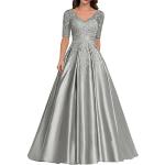 Silberne Vintage Langärmelige Maxi V-Ausschnitt Lange Abendkleider mit Glitzer aus Satin für Damen Übergrößen für Hochzeitsgäste 