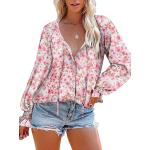 Pinke Blumenmuster Langärmelige Tunika-Blusen aus Chiffon für Damen Größe M für Partys für den für den Herbst 