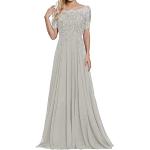 Silberne Elegante Kurzärmelige Maxi Lange Abendkleider mit Perlen aus Chiffon für Damen Größe M für Hochzeitsgäste 