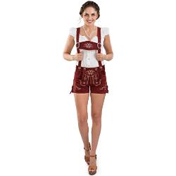 Damen Lederhose kurz - Trachtenlederhose Bergrose - Trachtenhose Hotpants mit Hosenträger (44, rot)