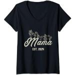 Damen Mama Est 2024 Floral Muttertag Neue Eltern Schwangerschaft T-Shirt mit V-Ausschnitt