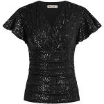 Schwarze Vintage Kurzärmelige Grace Karin V-Ausschnitt Tunika-Blusen mit Pailletten für Damen Größe L für Partys 