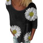 Schwarze Oversize 3/4-ärmelige T-Shirts mit Blumenmotiv aus Spitze für Damen Größe L 1-teilig für den für den Frühling 
