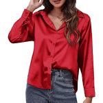Rote Elegante Langärmelige V-Ausschnitt Tunika-Blusen mit Knopf aus Satin für Damen Größe XL für Partys für den für den Sommer 