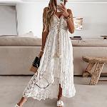 Beige Ärmellose Bestickte Boho Maxi V-Ausschnitt Sommerkleider für Damen Größe XXL - versandkostenfrei 