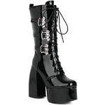Schwarze Punk Runde High Heel Stiefeletten & High Heel Boots mit Schnalle aus Leder wasserdicht für Damen Größe 43 mit Absatzhöhe über 9cm 