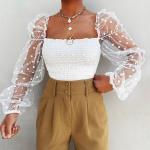 Weiße Gepunktete Sexy Transparente Blusen & durchsichtige Blusen mit Puffärmeln für Damen Größe XL für Partys 