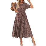 Braune Vintage Kurzärmelige Maxi Rundhals-Ausschnitt Plisseekleider mit Rüschen aus Polyester für Damen Größe S für den für den Sommer 