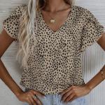 Braune Leo-Look Kurzärmelige V-Ausschnitt Festliche Blusen mit Leopard-Motiv mit Rüschen aus Polyester Handwäsche für Damen Übergrößen für den für den Sommer 