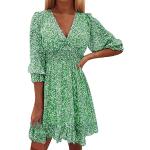 Grüne Blumenmuster Vintage Langärmelige V-Ausschnitt Kurze Abendkleider mit Rüschen aus Chiffon für Damen Größe L für Partys für den für den Sommer 