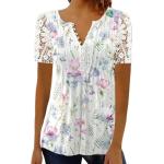 Pinke Blumenmuster Casual Kurzärmelige Tunika-Blusen mit Knopf aus Spitze für Damen Größe 5 XL für den für den Sommer 