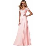 Rosa Bestickte Kurzärmelige Maxi V-Ausschnitt Lange Abendkleider aus Chiffon für Damen Größe XXL für Hochzeitsgäste 
