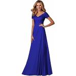Royalblaue Bestickte Kurzärmelige Maxi V-Ausschnitt Lange Abendkleider aus Chiffon für Damen Größe L für Hochzeitsgäste 