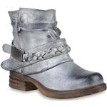 Damen Stiefeletten Biker Boots Schnallen Metallic Schuhe 147510 Silber 36 Flandell
