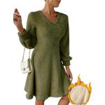 Armeegrüne Langärmelige Mini V-Ausschnitt Winterkleider aus Fleece für Damen Größe XXL 