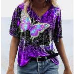Violette Langärmelige V-Ausschnitt T-Shirts mit Insekten-Motiv für Damen Größe 5 XL für den für den Sommer 
