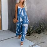 Blaue Batik Ärmellose V-Ausschnitt Lange Overalls aus Polyester für Damen Größe XL für den für den Sommer 