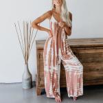 Rosa Batik Ärmellose V-Ausschnitt Lange Overalls aus Polyester für Damen Größe L für den für den Sommer 