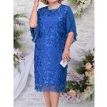 Blaue Bestickte Elegante 3/4-ärmelige Midi Spitzenkleider aus Spitze Handwäsche für Damen für Hochzeitsgäste für den für den Herbst 