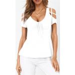 Weiße Casual Kurzärmelige V-Ausschnitt T-Shirts aus Polyester für Damen Größe XL für Partys für den für den Sommer 