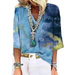 Blaue Batik Oversize Kurzärmelige V-Ausschnitt Tunika-Blusen mit Meer-Motiv aus Polyester für Damen Größe XL für den für den Sommer 