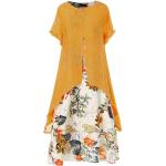 Damen Vintage Floral Baumwolle Leinen Boho Maxi Langes Kleid, Gelb / 2XL