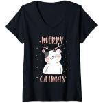 Schwarze V-Ausschnitt Katzen-Shirts mit Weihnachts-Motiv für Damen Größe S Weihnachten 