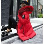 Rote Gesteppte Maxi Damensteppmäntel & Damenpuffercoats mit Reißverschluss mit Kapuze 
