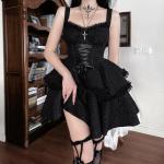 Schwarze Gothic Mini Bandage-Kleider & Bodycon-Kleider mit Puffärmeln aus Spitze für Damen Größe L für Partys für den für den Sommer 