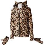 Darkside - Kitty Hood Fleece Jacke mit Ohren und Handschuhen, Leopard Natur, Grösse L
