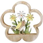 dekojohnson Deko-Blume 3D Holzblume mit Vogel-Blumendekor Standdeko Fensterbankdeko zum Stellen natur bunt 15x2x15cm Osterdeko Zimmerdeko