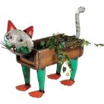 dekojohnson Moderne Gartenfigur Katze zum bepflanzen Pflanzengefäß Deko-Katze-Blumentopf Übertopf Gartendeko Tierfigur Metall Holz Lade 48x15x35cm