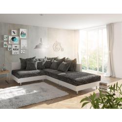 DELIFE Ecksofa Clovis Weiss Schwarz mit Hocker Ottomane Rechts modular, Design Ecksofas, Couch Loft, Modulsofa, modular