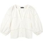 Weiße Bestickte Desigual V-Ausschnitt Festliche Blusen mit Rüschen aus Baumwolle für Damen Größe L 