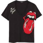 Schwarze Desigual Rolling Stones V-Ausschnitt Damenfanshirts mit Strass aus Baumwolle Größe XS 