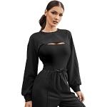 Schwarze Sexy Langärmelige Rundhals-Ausschnitt Damensweatshirts mit Cutwork Cropped Größe XL 