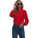 Rote Business Langärmelige Stehkragen Festliche Blusen mit Rüschen mit Knopf aus Chiffon enganliegend für Damen Größe L 