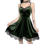 Reduzierte Grüne Gothic Langärmelige Mini V-Ausschnitt Samtkleider mit Puffärmeln aus Spitze für Damen Größe L für Partys für den für den Herbst 