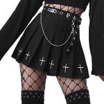 DINGJIUYAN Punk Cross Print Dark Mini Röcke Kette Gürtel Schwarz Uniform Faltenrock Gr. 40, 1-black Skirt With Chain Belt