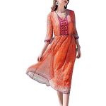 DISSA Damen Orange Seiden Kleid 3/4-Arm V-Ausschnitt Blumen 100% Seiden Langes Seiden Kleid,D9926,L