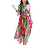 DISSA Damen Rosa Seiden Kleid 3/4-Arm V-Ausschnitt Blumen 100% Seiden Langes Seiden Kleid,D9932,M
