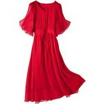 DISSA Damen Rot Seiden Kleid Kurzarm V-Ausschnitt Solide 100% Seiden Langes Seiden Kleid,D1971,XXL