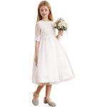 Weiße Blumenmuster Elegante 3/4-ärmelige Kinderfestkleider aus Mesh für Mädchen Größe 152 