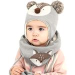 Reduzierte Graue Mütze Schal Handschuh Sets für Kinder mit Fuchs-Motiv aus Wolle für Babys für den für den Winter 