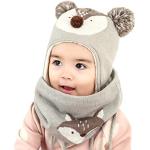 Graue Mütze Schal Handschuh Sets für Kinder mit Fuchs-Motiv aus Wolle für Babys für den für den Winter 
