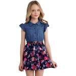 Marineblaue Blumenmuster Casual Kinderjeanskleider aus Jersey für Mädchen Größe 134 für den für den Sommer 