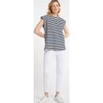 Reduzierte Marineblaue Gestreifte Maritime DreiMaster Rundhals-Ausschnitt T-Shirts aus Leinen für Damen Größe XL für den für den Sommer 