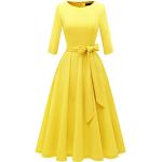 Gelbe Vintage 3/4-ärmelige Dresstells Midi Rundhals-Ausschnitt Ballkleider für Damen Größe XL 